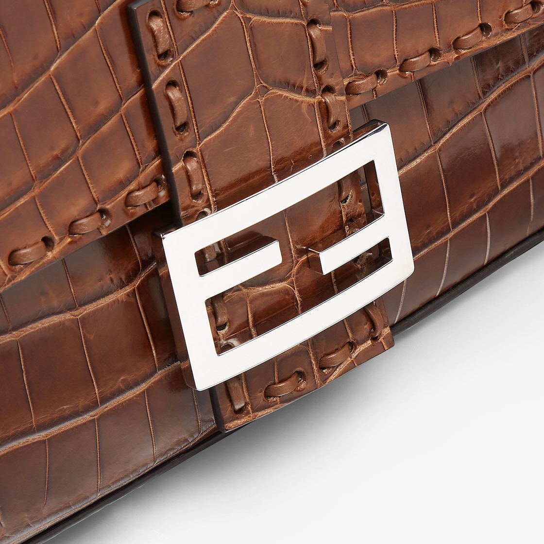 FENDI Baguette Brown crocodile bag with 612 hand-sewn topstitches - Image 3